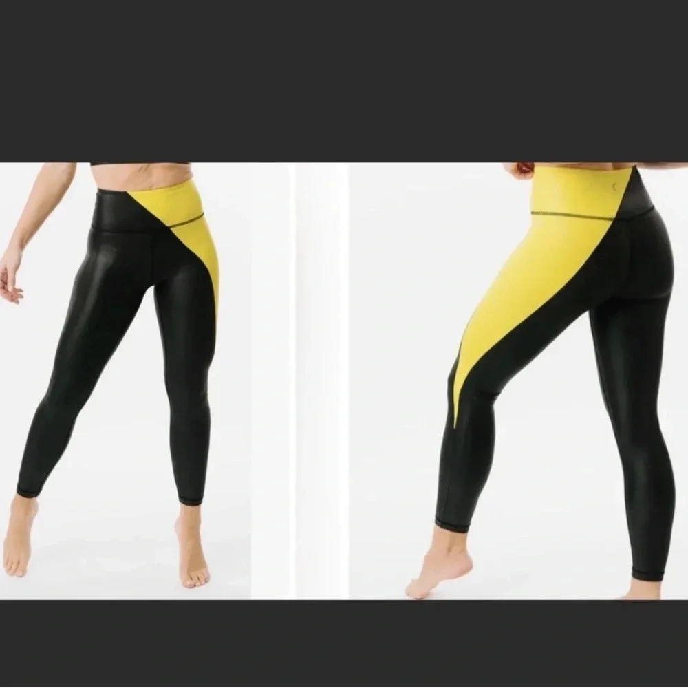 ZYIA Neon Yellow Metallic Hi-Rise leggings Sz 16 #1796